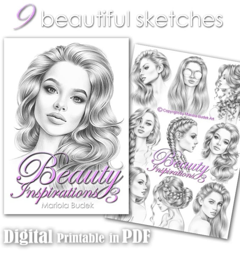 Beauty Inspirations 3 | Mariola Budek - Sketchbook | Printable Adult Coloring Pages Book Instant Download Grayscale Hairstyle Illustration 