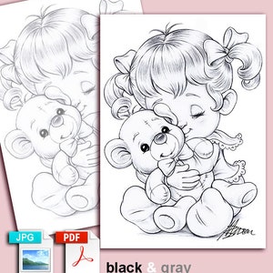 Teddy Bear Mariola Budek Coloring Page Printable Adult Cute Kids Colouring Pages Instant Download Grayscale Lineart Illustration PDF image 2