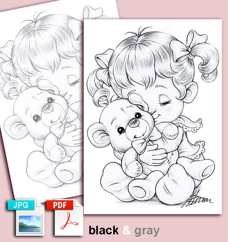 Teddy Bear Mariola Budek Coloring Page Printable Adult Cute Kids Colouring Pages Instant Download Grayscale Lineart Illustration PDF image 2