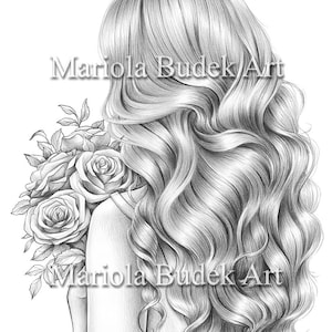 Könnte beinhalten: Eine Schwarzweißzeichnung mit Bleistift einer Frau mit langen, wallenden Haaren und einem Rosenstrauß. Die Zeichnung ist unten mit "Mariola Budek Art" signiert.