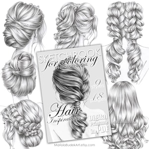 ヘア インスピレーション | Mariola Budek - スケッチブック | 印刷可能な大人向け塗り絵ページ グレースケールのヘアスタイル イラスト PDF をすぐにダウンロード