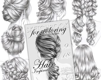 Hair Inspirations | Mariola Budek - Sketchbook | Printable Adult Coloring Pages Book Instant Download Grayscale Hairstyle Illustration PDF
