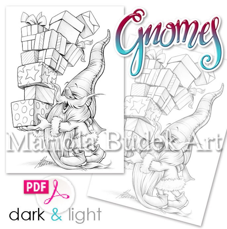 Gnomes Mariola Budek Coloring Book Printable Adult Kids Colouring Pages Instant Download Grayscale Christmas Winter Illustration PDF image 4