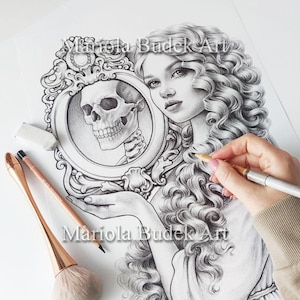 May include: A monochrome pencil drawing of a woman with curly hair holding a mirror reflecting a skull. The artist's name, Mariola Budek Art, is visible. A hand holds a pencil, and art supplies are in the foreground. The artwork is detailed.