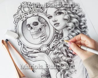 May include: Detailed pencil drawing of a woman with long, curly hair holding a mirror reflecting a skull. The drawing is in black and white, with the artist's name, Mariola Budek Art, visible. A hand is holding a pencil, and art supplies are in the foreground.