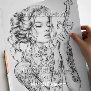 Vide Cui Fidas | Mariola Budek - Premium Coloring Page | Printable Adult Colouring Pages Book Instant Download Grayscale Illustration PDF