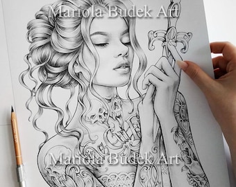 Vide Cui Fidas | Mariola Budek - Premium Coloring Page | Printable Adult Colouring Pages Book Instant Download Grayscale Illustration PDF