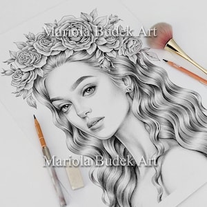 La primavera è nell'aria / Mariola Budek - Pagina da colorare premium / Libro da colorare per donne adulte stampabile Scarica illustrazione in scala di grigi in formato PDF
