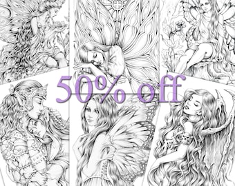 Coloring Pages Six pack of Premium Art IV | 50% off | Printable Adult Colouring Page Book Instant Download Grayscale Illustration PDF