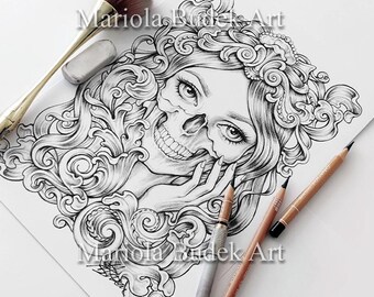 Skull | Mariola Budek - Premium Coloring Page | Printable Adult Colouring Pages Book Instant Download Grayscale Illustration PDF