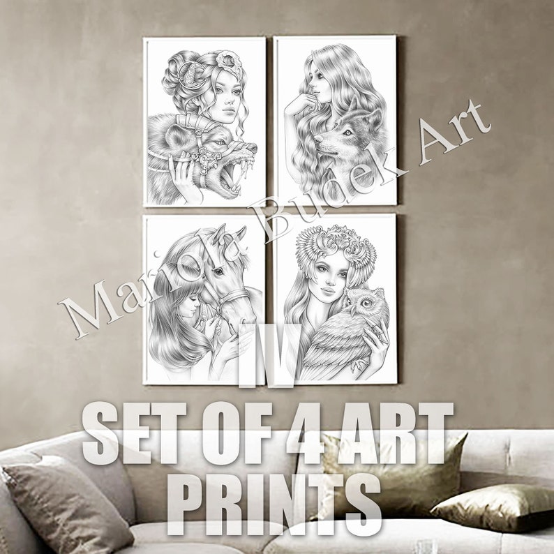 Set of 4 Art Prints IV Mariola Budek High Quality Paper Print Wall Home Office Gallery Decor Frame Drawing Illustration Gift Animal zdjęcie 2