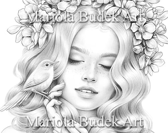 Awaited Melody | Mariola Budek - Premium Coloring Page | Printable Adult Women Colouring Pages Book Download Grayscale Ilustration PDF JPG