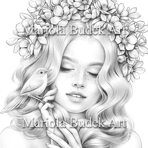 Awaited Melody | Mariola Budek - Premium Coloring Page | Printable Adult Women Colouring Pages Book Download Grayscale Ilustration PDF JPG