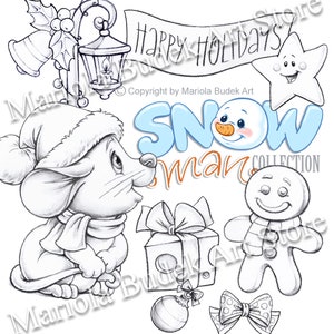 Collezione di pupazzi di neve - Topo / Mariola Budek - Timbro digitale / Timbro digitale per pagina, Clip art, creazione di biglietti, strumenti artigianali, pupazzo di neve di Natale