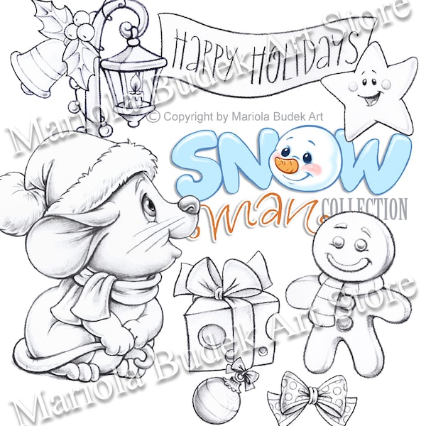 Snowman Collection - Mouse | Mariola Budek - Digital Stamp | Page Digi Stamp Digistamp Clip Art Card Making Craft Tools Snowman Christmas