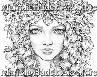 Coronet | Mariola Budek - Premium Coloring Page | Printable Adult Colouring Pages Book Instant Download Grayscale Illustration PDF