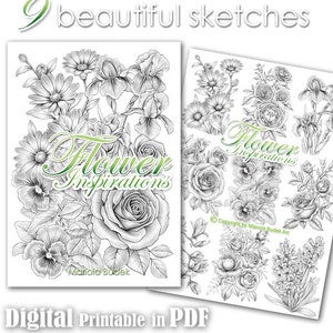 Flower Inspirations | Mariola Budek - Sketchbook | Printable Adult Coloring Pages Book Instant Download Grayscale Flowers Fauna Illustration