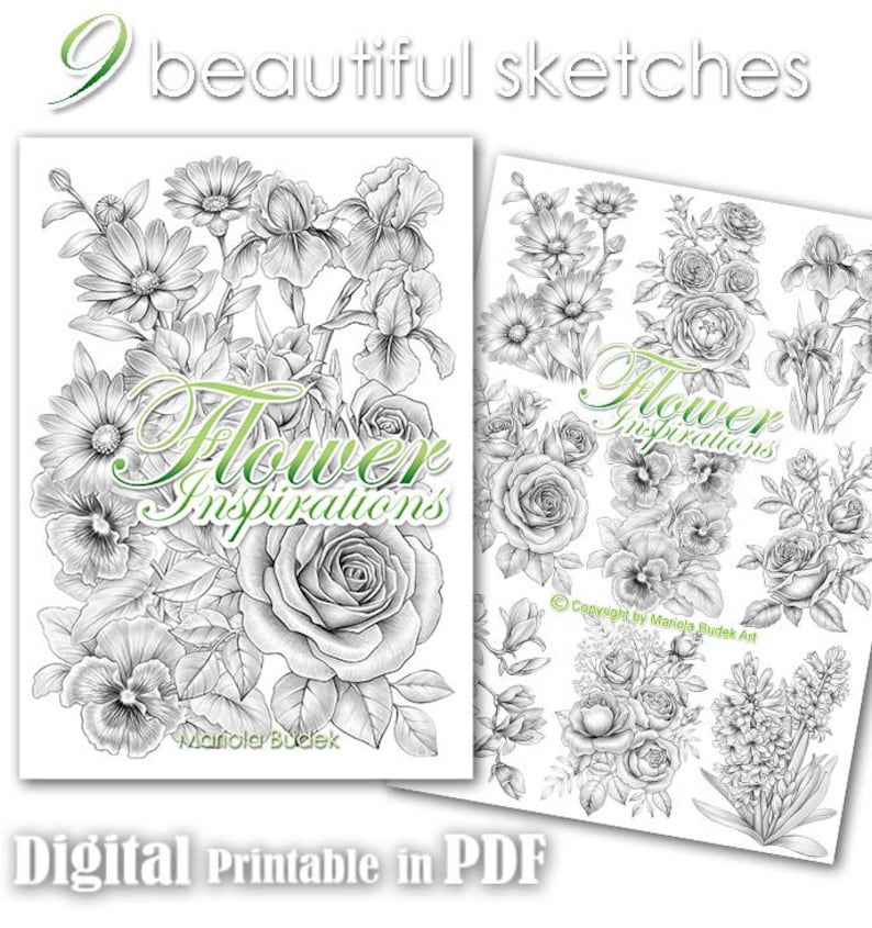 Flower Inspirations | Mariola Budek - Sketchbook | Printable Adult Coloring Pages Book Instant Download Grayscale Flowers Fauna Illustration 