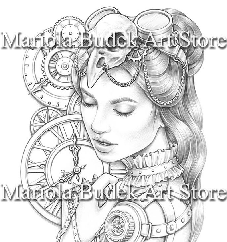 Move in Time Mariola Budek Premium Coloring Page Printable Adult Colouring Pages Book Instant Download Grayscale Illustration PDF image 1