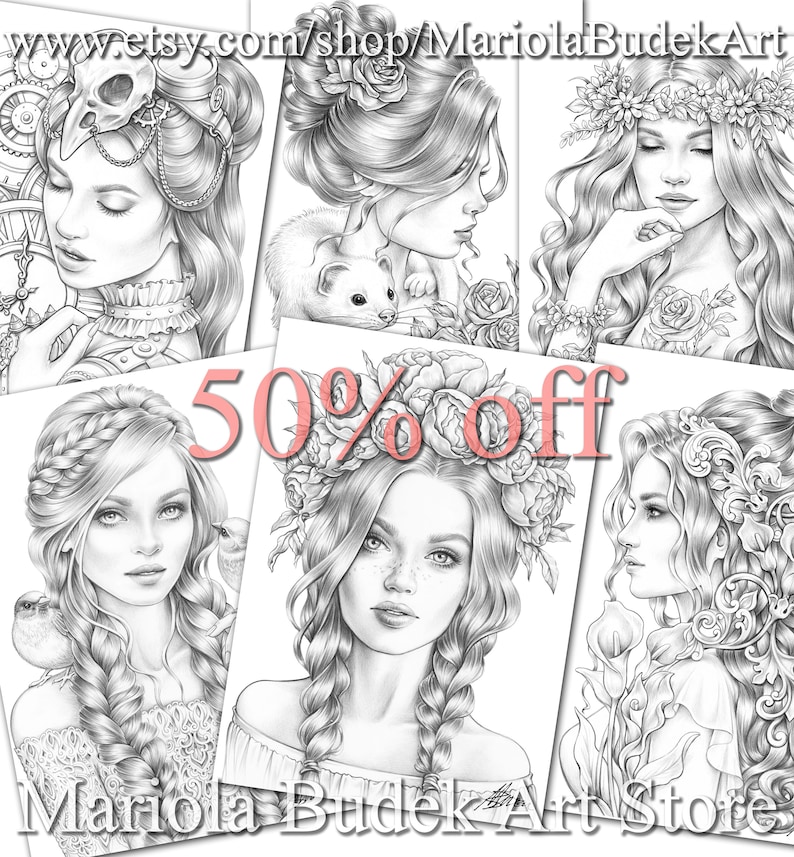 Coloring Pages Six pack of Premium Art VI | 50% off | Printable Adult Colouring Page Book Instant Download Grayscale Illustration PDF 