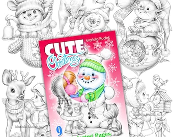 Cute Christmas | Mariola Budek - Coloring Book | Printable Adult Kids Colouring Pages Instant Download Grayscale Christmas Illustration PDF