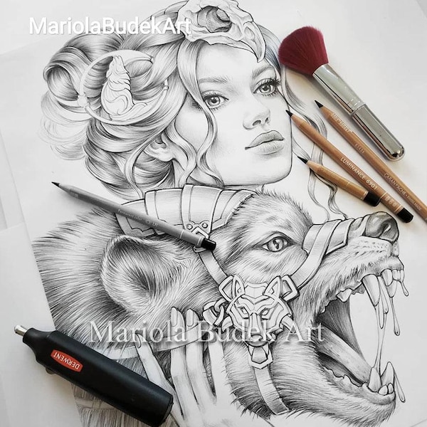 Tamed Wildness | Mariola Budek - Premium Coloring Page | Printable Adult Colouring Pages Book Instant Download Grayscale Illustration PDF