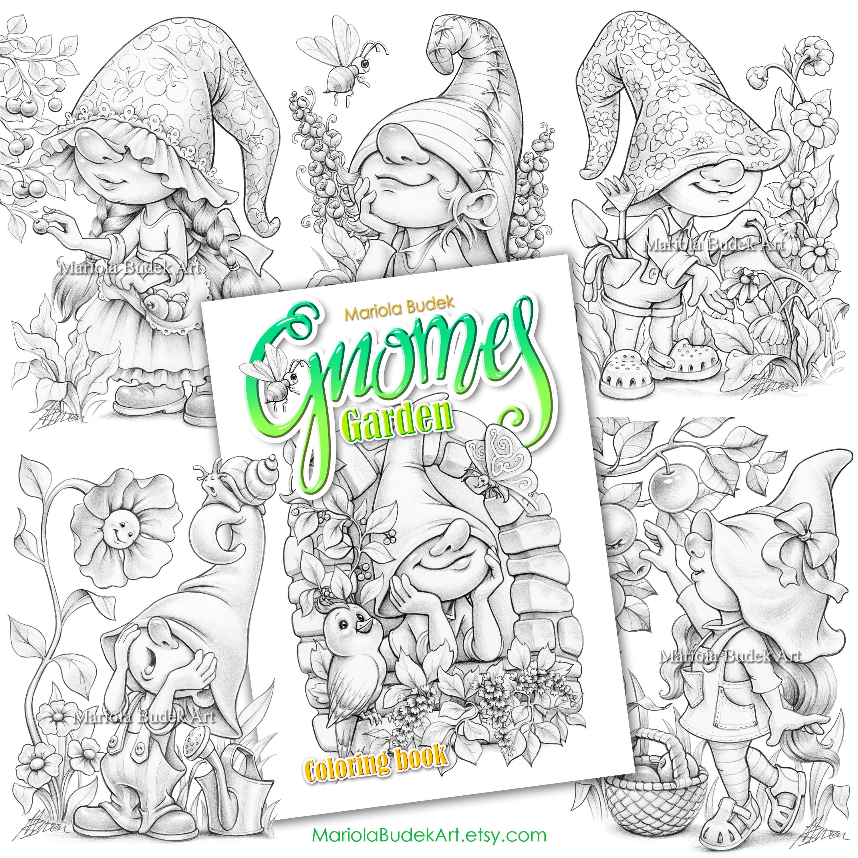 Garden Gnomes | Mariola Budek - Coloring Book | Printable Adult Kids Cute Colouring Pages Instant Download Grayscale Summer Illustration PDF