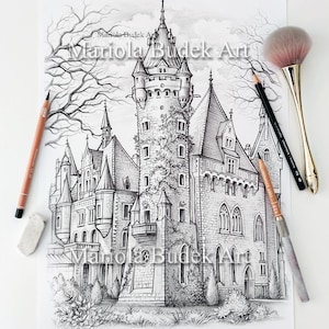 May include: Detailed black and white drawing of a castle with multiple turrets, spires, and arched windows. The drawing is accompanied by art supplies, including pencils, a makeup brush, and an eraser. The artist's name, Mariola Budek Art, is visible.