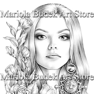 Soleil de lune | Mariola Budek - Coloriage premium | Livre de pages à colorier imprimables pour adultes, téléchargement immédiat, illustration en niveaux de gris PDF