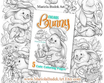 Bunny Colors | Mariola Budek - Coloring Book | Printable Adult Kids Colouring Page Instant Download Grayscale Cute Animals Illustration PDF
