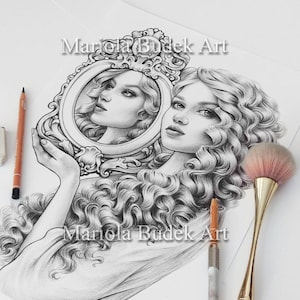 Reflexión II / Mariola Budek - Página para colorear premium / Páginas para colorear de mujeres adultas imprimibles. Descarga instantánea. Ilustración en escala de grises. PDF JPG.