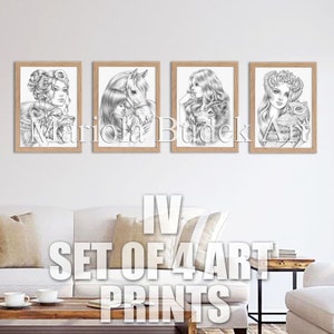 Set of 4 Art Prints IV Mariola Budek High Quality Paper Print Wall Home Office Gallery Decor Frame Drawing Illustration Gift Animal zdjęcie 4