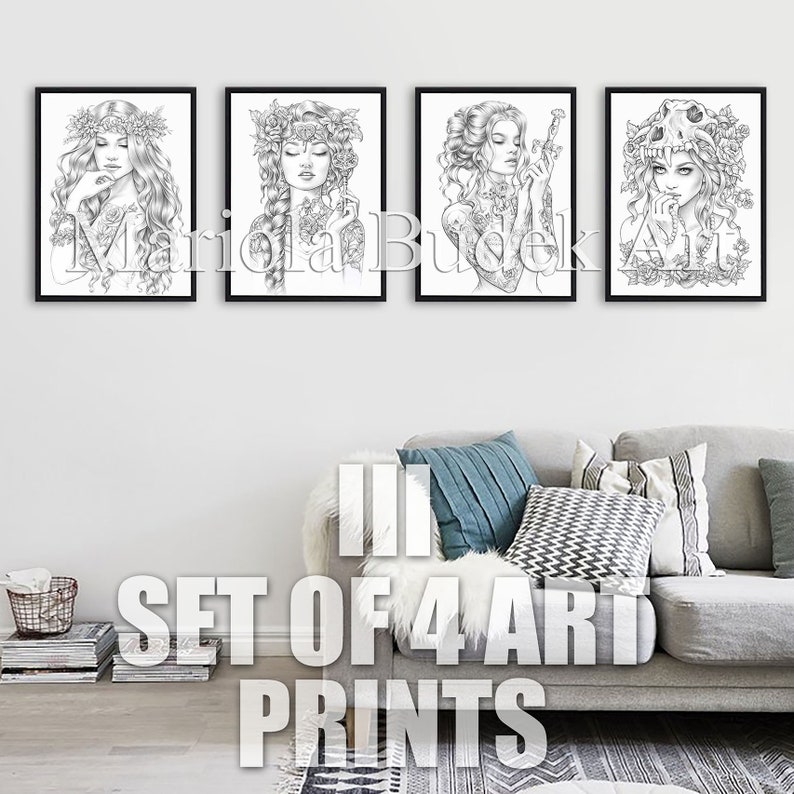 Set of 4 Art Prints III Mariola Budek High Quality Paper Print Wall Home Office Gallery Decor Frame Drawing Illustration Gift Tattoo image 3