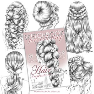 Hair Inspirations Wedding | Mariola Budek - Sketchbook | Printable Adult Coloring Pages Book Instant Download Grayscale Hairstyle PDF