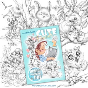 Cute Friends 2 | Mariola Budek - Coloring Book | Printable Adult Kids Colouring Pages Instant Download Grayscale Lineart Illustration PDF