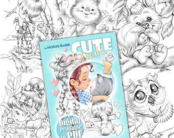 Cute Friends 2 | Mariola Budek - Coloring Book | Printable Adult Kids Colouring Pages Instant Download Grayscale Lineart Illustration PDF