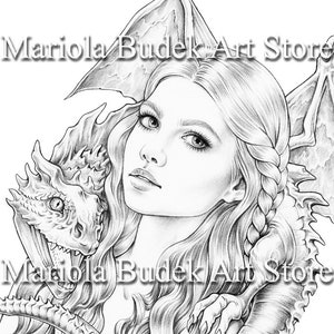 Mother of the Little Dragon | Mariola Budek - Premium Coloring Page | Printable Adult Colouring Pages Book Instant Download Grayscale PDF