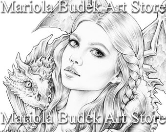 Mother of the Little Dragon | Mariola Budek - Premium Coloring Page | Printable Adult Colouring Pages Book Instant Download Grayscale PDF