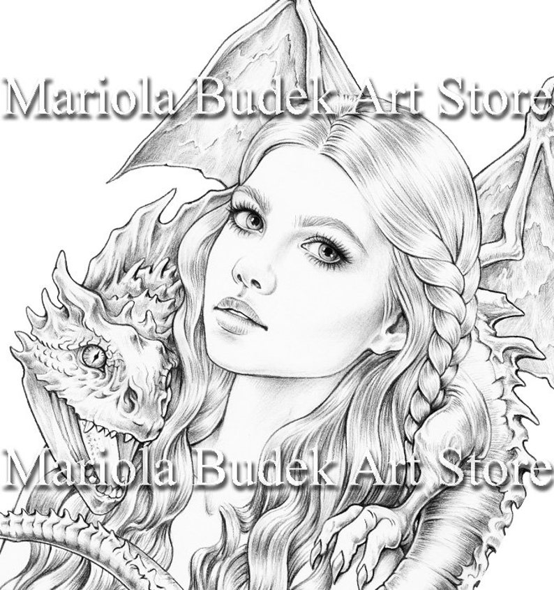 Mother of the Little Dragon | Mariola Budek - Premium Coloring Page | Printable Adult Colouring Pages Book Instant Download Grayscale PDF 