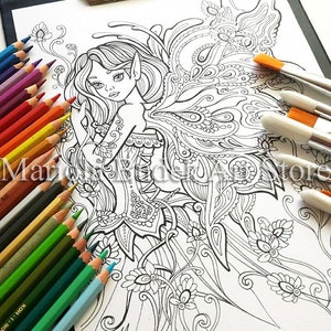 Fairy | Mariola Budek - Coloring Page | Printable Adult Fantasy Colouring Page Book Instant Download Grayscale Lineart Illustration PDF