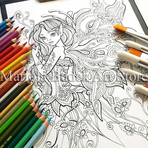 Fairy | Mariola Budek - Coloring Page | Printable Adult Fantasy Colouring Page Book Instant Download Grayscale Lineart Illustration PDF
