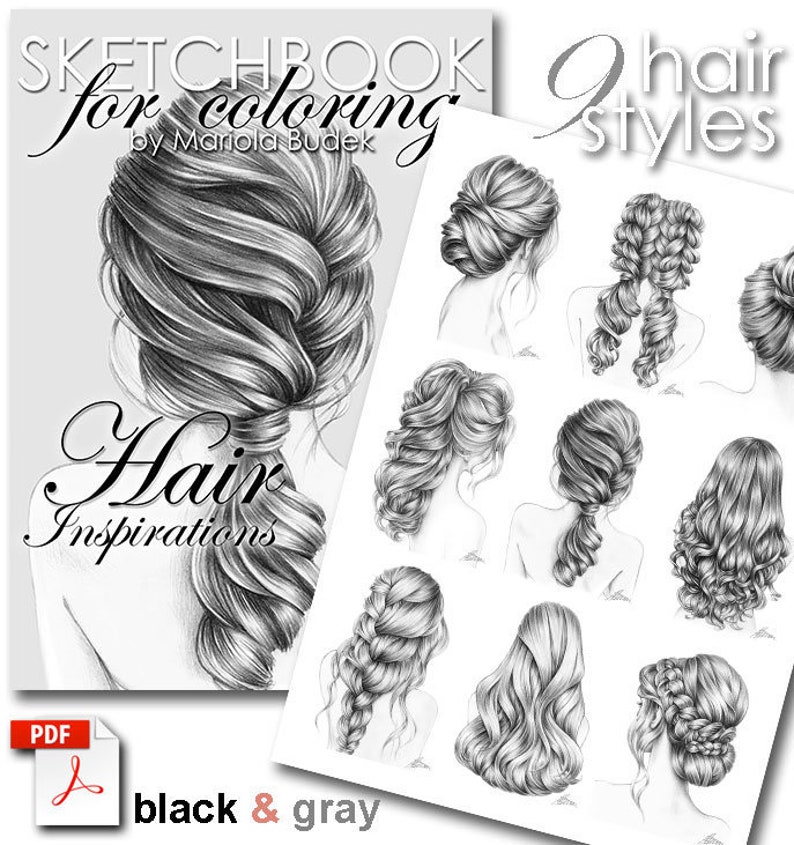 Hair Inspirations | Mariola Budek - Sketchbook | Printable Adult Coloring Pages Book Instant Download Grayscale Hairstyle Illustration PDF 