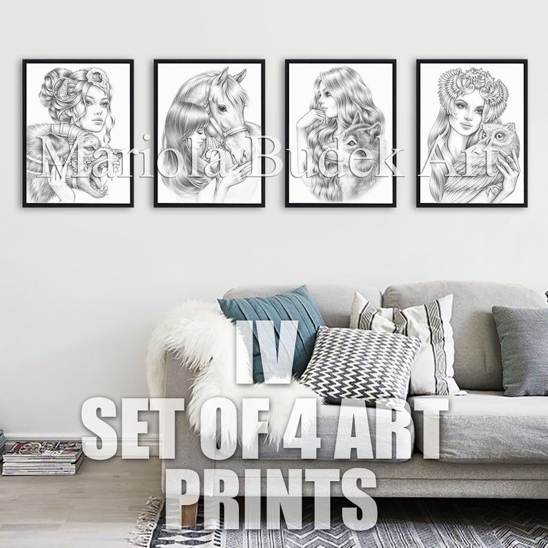 Set of 4 Art Prints IV Mariola Budek High Quality Paper Print Wall Home Office Gallery Decor Frame Drawing Illustration Gift Animal zdjęcie 3