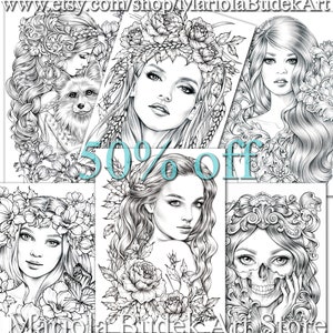 May include: Six black and white printable coloring pages featuring intricate illustrations of women with floral crowns and other decorative elements. The text "50% off" is superimposed on the images.