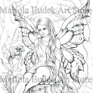 Fairy&#39;s Friend | Mariola Budek - Premium Coloring Page | Printable Adult Colouring Pages Book Instant Download Grayscale Illustration PDF