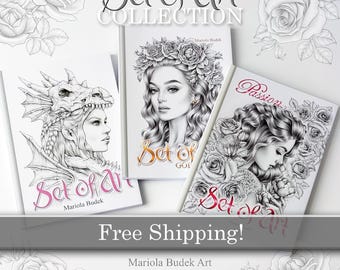 Set of Art Collection | Mariola Budek - 3 Coloring Book | Colouring 24 Page Pages Grayscale Bundle Pack Printed High Quality Paper Hard Copy