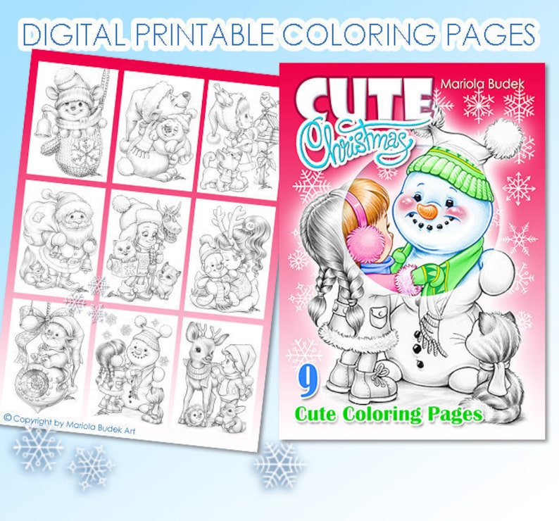 Cute Christmas | Mariola Budek - Coloring Book | Printable Adult Kids Colouring Pages Instant Download Grayscale Christmas Illustration PDF 