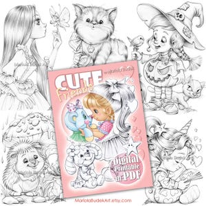 Cute Friends | Mariola Budek - Coloring Book | Printable Adult Kids Colouring Pages Instant Download Grayscale Lineart Illustration PDF
