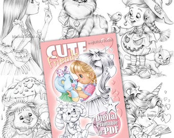 Cute Friends | Mariola Budek - Coloring Book | Printable Adult Kids Colouring Pages Instant Download Grayscale Lineart Illustration PDF