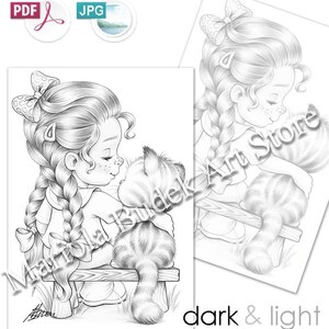 May include: A black and white line drawing of a girl with a braid and a bow in her hair, sitting on a bench with a cat. The girl is kissing the cat on the head. The image is labeled "dark & light".